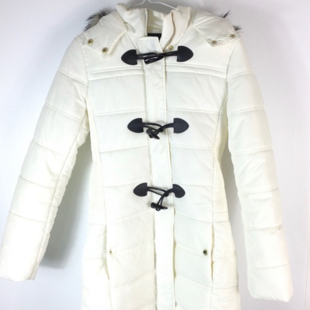 Express long puffer coat with faux fur on hood